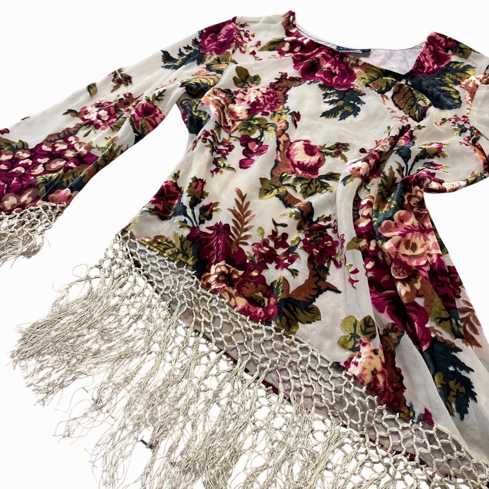 Vtg 90s Forenza Fairy Whimsigoth Floral Burnout Velvet Fringe Asymmetrical Top L